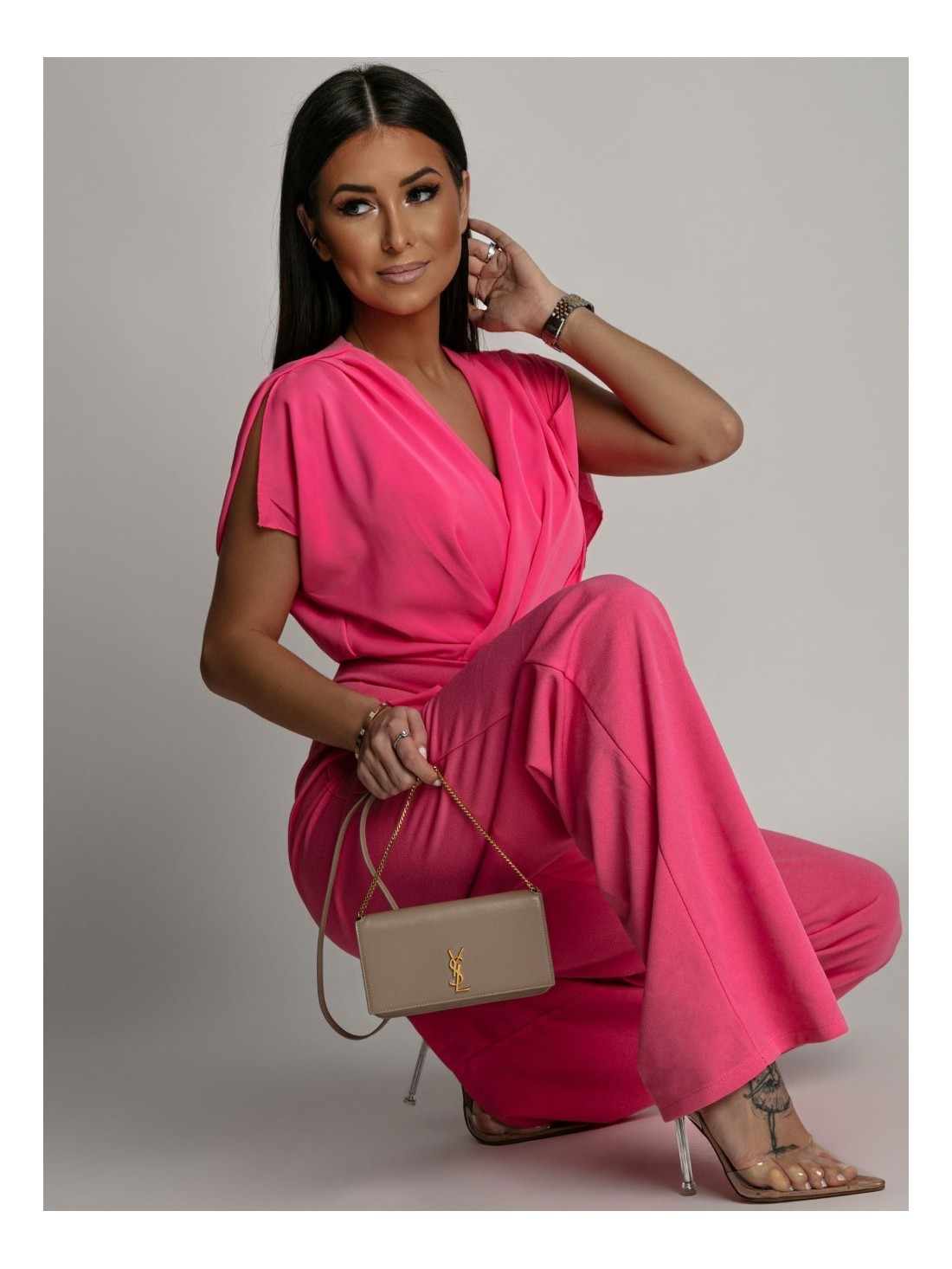 Elegant wide-leg jumpsuit, dark pink AZR2380781